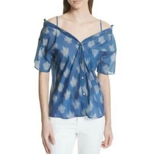 Theory Tamalee Blue Ikat Cotton Silk Loose Off Shoulder Button Top Sz Small